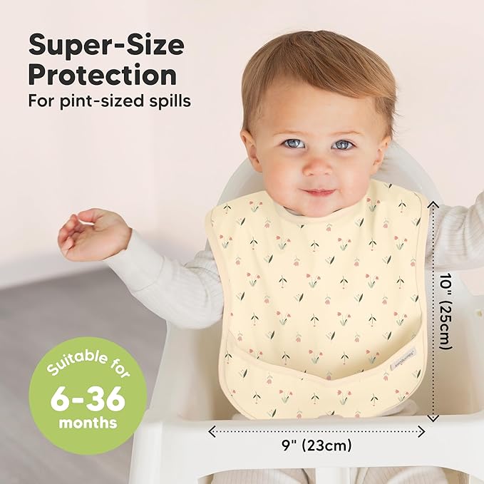 KeaBabies 3-Pack Waterproof Baby Bibs for Eating - Lightweight Toddler Feeding Bibs with Large Food Catcher, Mess Proof, Food-Grade Baby Eating Essentials, Easy to Put On & Clean (Fleur)