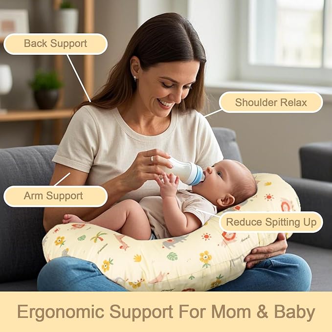 x-vesolje Nursing Pillow, Breastfeeding Pillow with Removable Cover, Ergonomic Breast Feeding Pillow, Baby Feeding Support Pillow for Mom Easier Breastfeeding- Original Size/Animal Yellow