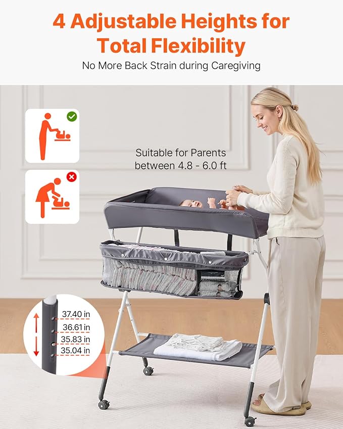 VEVOR Baby Changing Table, Foldable Diaper Change Station with Side Basket, Adjustable Height Changing Table with Lockable Wheels, Multi-Functional Nursery Storage Organizer, Dark Gray