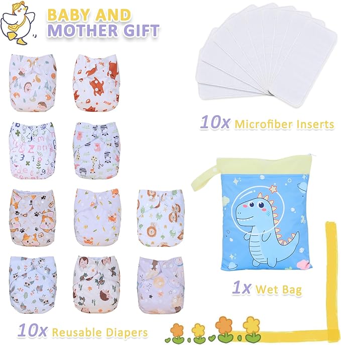 TDIAPERS Cloth Diaper Covers Reusable Washable Pocket Diapers One Size Adjustable for Baby 10 Pack with 10 Pcs Microfiber Inserts, 1 Wet Bag