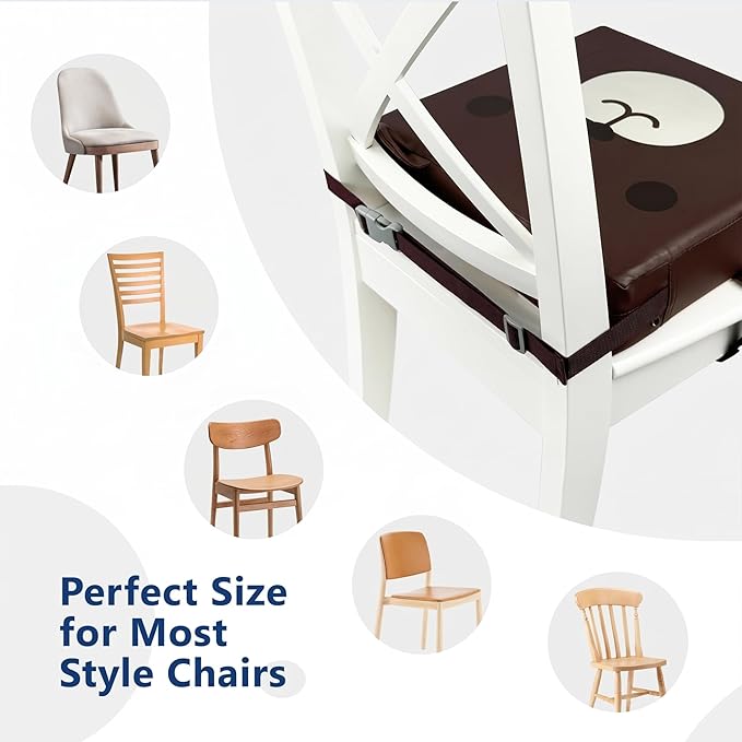 Toddler Booster Seat for Dining Table, Waterproof PU Cover, Non-Slip Foam Cushion with Dual Adjustable Straps, Portable Booster Seat for Kitchen Chairs (Brown-Bear)
