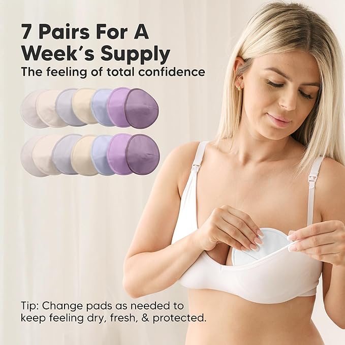 Organic Nursing Pads - 14 Washable Breast Pads for Breastfeeding, Wash Bag, Viscose Derived from Bamboo Reusable Nipple Covers for Breastfeeding Essentials, Soft & Absorbent (Violet, L 5")