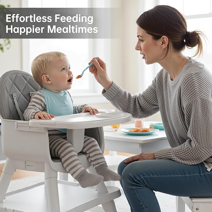 6-in-1 Convertible Baby Highchair, Booster Seat, Toddler Chair & Building Block Table, with Removable Tray, Easy Clean Cushion & 5-Point Harness (Grey)