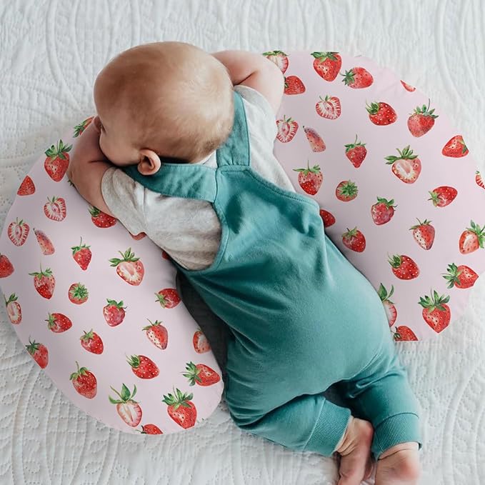 Red Strawberries Baby Nursing Pillow Covers for Boy Girl Watercolor Strawberries Fruit Nursery Slipcovers for Breastfeeding Pillows Sweet Summer Pink Soft Stretchy Removable Covers for Newborn Infant
