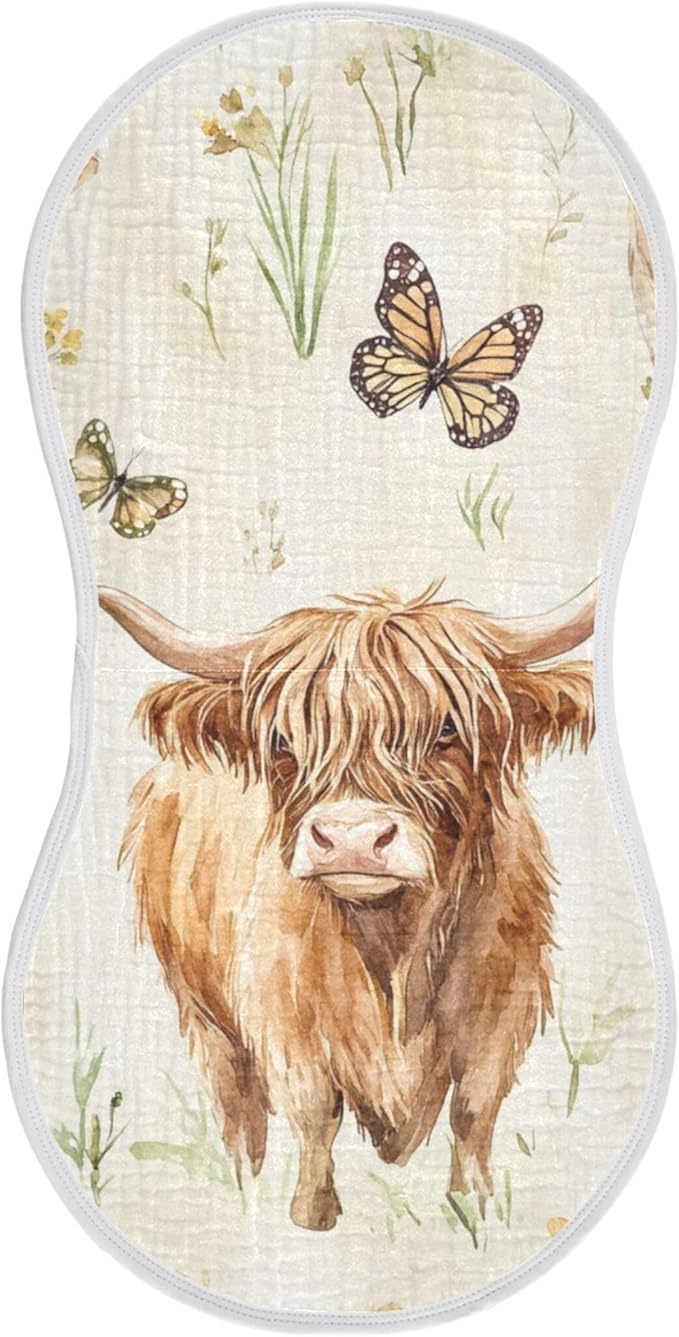 Farm Highland Cow Butterfly Burp Cloths Baby Boys Girls Absorbent Soft Cotton Burping Cloths Rags, 1 Pack