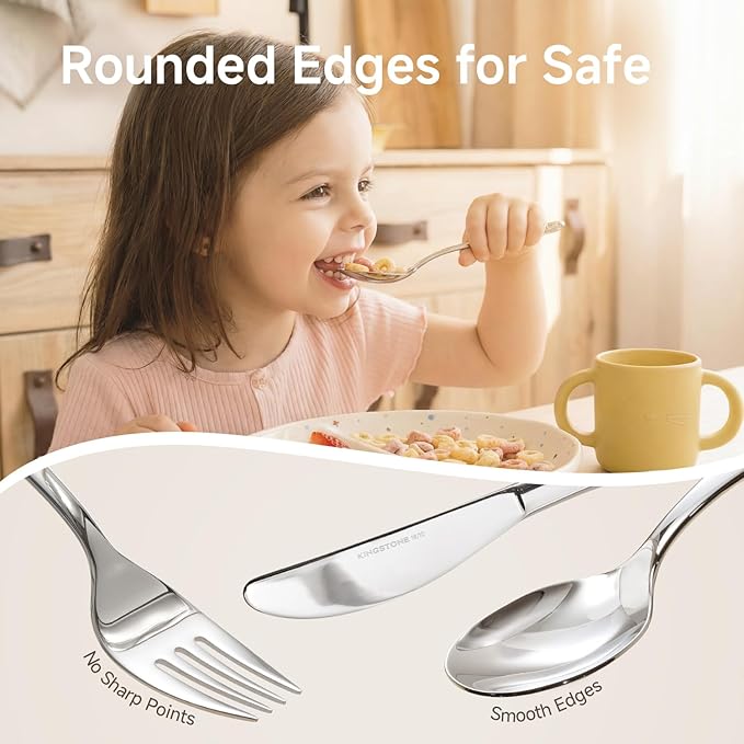 KINGSTONE Toddler Utensils Gift Set, 3-Piece Fork, Spoon & Knife, Large Size, 18/10 Stainless Steel, Cat & Dog Print, Ergonomic Kids Flatware for Self-Feeding, Ideal Birthday or Children Shower Gift