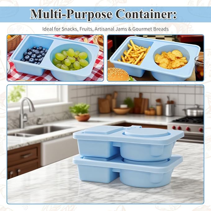 Gute Silicone Reusable Snack Containers with Lids, Small Mini Double Compartment Sauce Cups for Salad Dressing, Lunch, Travel, Gym - 2 Pack(Blue)