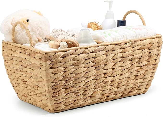 Baby Diaper Caddy Organizer, Handwoven Nursery Basket Changing Table Organizer Natural Water Hyacinth Storage Basket for Nursery Bathroom Kitchen Shelves Office Supplies Organization