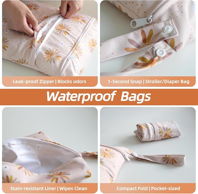3 PCS Waterproof Wetbag, Wet Bags for Baby Cloth Diapers and Soiled Clothes, Reusable Wet Bag for Swimsuit and Towels with Double Zipper Pockets, Travel Beach Pool Essentials