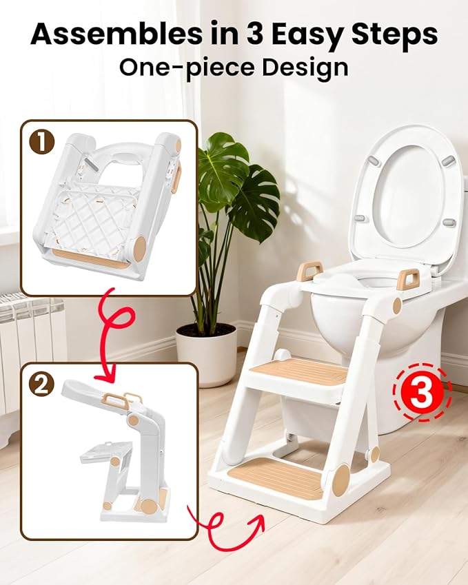 Potty Training Seat, Primlect Upgrade Toddler Toilet Seat for Kids Boys Girls, 2 in 1 Potty Training Toilet with Step Stool, Adjustable Seat and Ladder, Non-Slip Pad, Splash Guard (M-Brown)