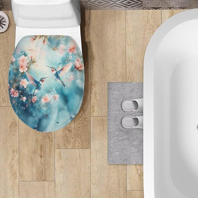 Hummingbird with Flower Toilet Lid Covers Soft Flannel Fabric Bathroom Dust Covers Elastic Bottom Soft and Breathable Seat Covers Toilet Seat Cover Set Universal for Most Toilet Bowl Lids