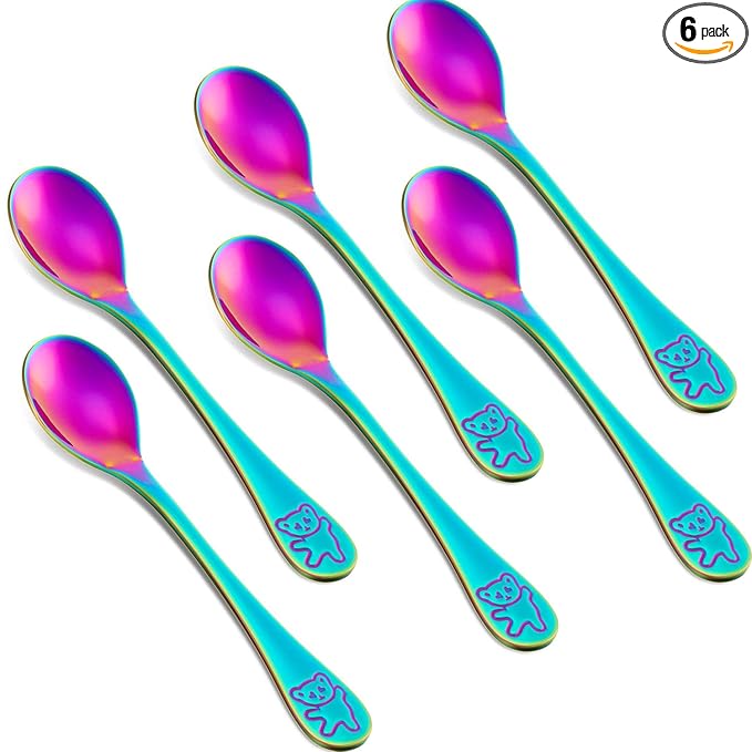 Boao 6 Pieces Kids Rainbow Spoons Stainless Steel Rainbow Toddler Cutlery Silverware Utensil Kids Child Safe Flatware for Home and Preschools