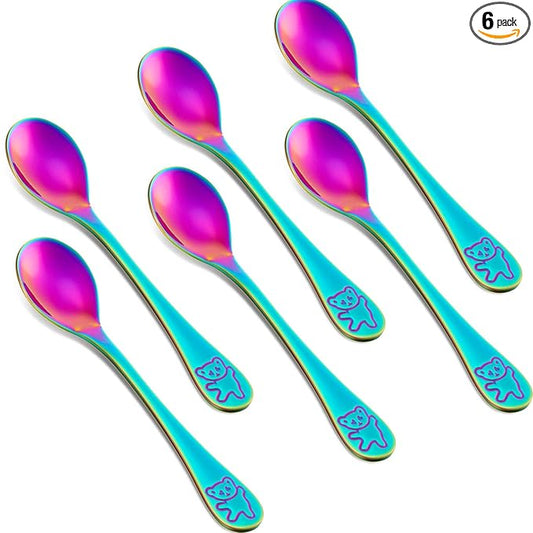 Boao 6 Pieces Kids Rainbow Spoons Stainless Steel Rainbow Toddler Cutlery Silverware Utensil Kids Child Safe Flatware for Home and Preschools