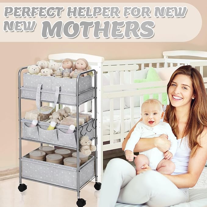 Yookeer 2in1 Baby Diaper Caddy Organizer Cart 3 Tier Large Capacity Metal Utility Bedside Rolling Cart with Divider Newborn Registry Gift Nursery Essential Must Have Bedroom Baby Shower(Gray,Star)
