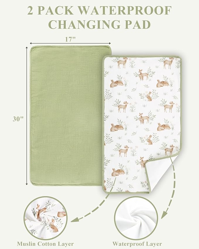 Waterproof Portable Changing Pad 2 Pack, Muslin Cotton Baby Changing Mat Comfortable & Breathable, Foldable Diaper Changing Pad for Travel, Machine Washable, Deer & Green