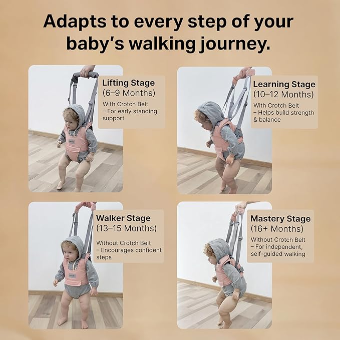 Watolt Baby Walking Helper Harness - Help Toddlers Learn to Walk Stand Up with Adjustable Handheld Walker - Learning Assistance Safety Belt Harness Support for Babies 6 to 24 Months (Pink)