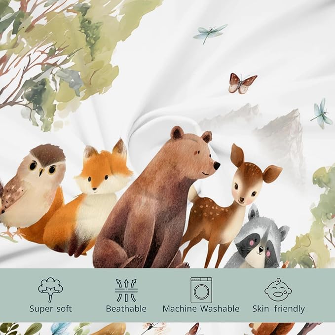 HawSkgFub Animal Friends Changing Pad Cover for Baby Girl Boy, Natural Forest Deer Bear Fox Owl Diaper Change Table Covers, Soft Stretchy Safe Snug Fitted Changing Mat Sheet Fit 32"/34" x 16"