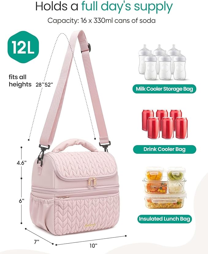 Breastmilk Cooler Bag - Large Capacity 12L & 10-Hour Insulated Bottle Cooler Bag with Detachable Divider for Tall Baby Bottles | Dual Deck Lunch Box for Women | Breast Pump Bags for Work