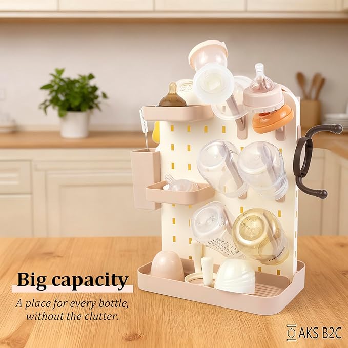Baby Bottle Drying Rack Space Saving Countertop Vertical Rack with Brushes Holder (Pink)
