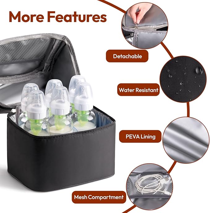 NCVI Breastmilk Cooler Bag with 2 Ice Pack, Breast Pump Bag with Cooler Fits 6 Bottles, Double Layer Breast Milk Travel Bag Baby Bottle, for Travel, Nursing Mom Daycare, Work, Picnic (Black)