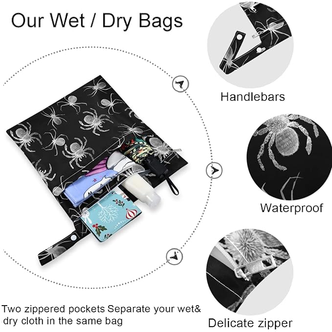 visesunny Spider Animal 2Pcs Wet Bag with Zippered Pockets Washable Reusable Roomy for Travel,Beach,Pool,Daycare,Stroller,Diapers,Dirty Gym Clothes, Wet Swimsuits, Toiletries
