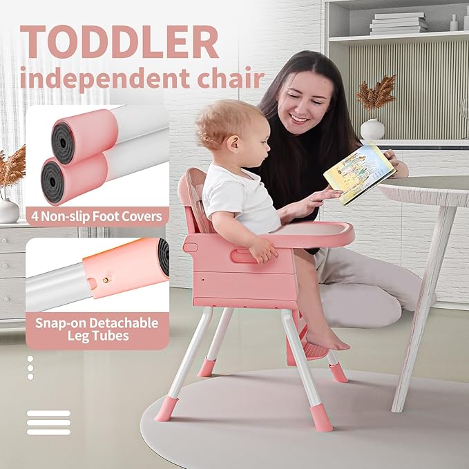 Portable High Chairs for Babies and Toddlers, Convertible Baby Feeding Chair with Tray, Easy Clean High Chair for Toddler with Foot Rest, Infant Highchairs & Booster Seats with Cushion Pink