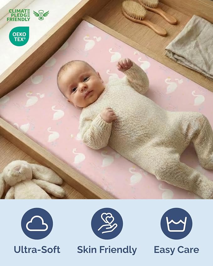 Changing Pad Cover - Pack of 2 Soft Unisex Diaper Change Microfiber Table Sheets - Fits 32"x16" Contoured Pad - Changing Pad Cover for Baby Boys and Girls - Snug, Machine Washable - Oeko-Tex, Swans
