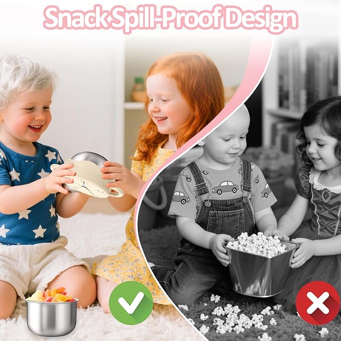 BUSOHA 2 Pack Stainless Steel Toddler Snack Cups - 12 OZ Spill-Proof Baby Snack Containers with Silicone Catcher and Lid Travel Snack Containers for Kids Food Grade Silicone Dishwasher Safe