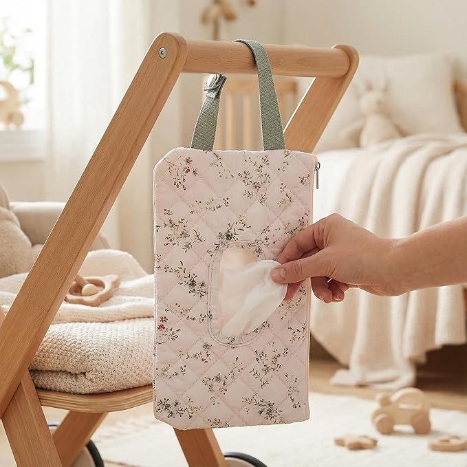 Quilted Baby Wipe Holder, Canvas Floral Quilted Pouch with Hanging Strap, Portable Diaper Wipe Holder for Travel Stroller-Green Leaves