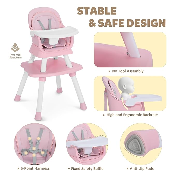 TODEFULL Baby High Chair, 8 in 1 Convertible Highchairs for Babies and Toddlers, Children Dining Booster Seat/Kids Building Block Table for Girls Boys, Baby Seat with Removable Tray,Pink & White