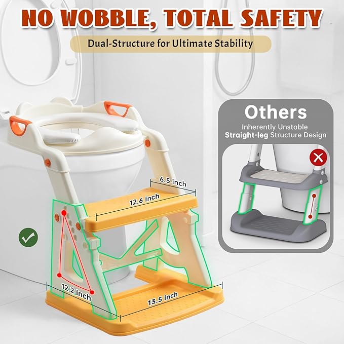 Potty Training Toilet Seat, Stable Potty Training Seat with Step Stool, 2 in 1 Toddler Toilet Seat with Steps for Kids Boys Girls, Toddler Potty Seat with Ladder, Splash Guard, Anti-Slip Pads (Yellow)