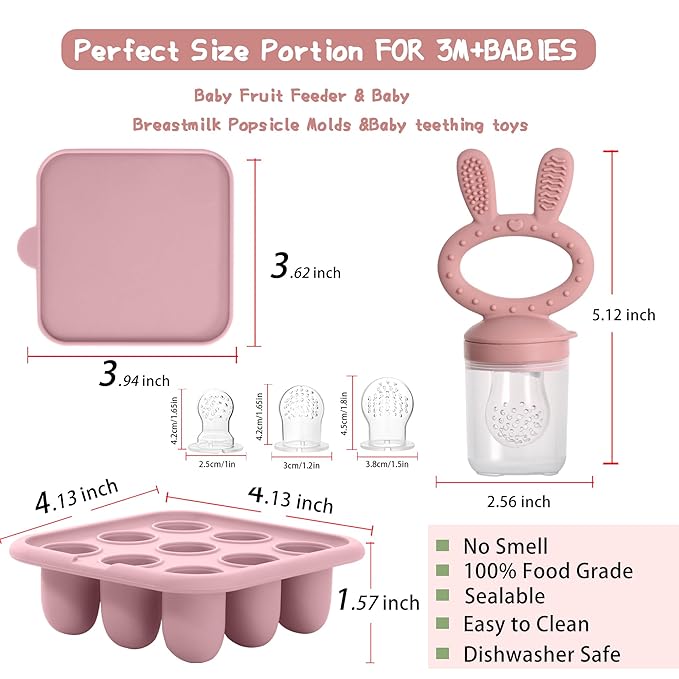 Baby Breastmilk Popsicle Molds & Baby Fruit Feeder (3 Pack), Baby Food Freezer Tray Storage Containers, Silicone Teething Pacifier Feeder and Teether for Babies,Baby Feeder-Pink