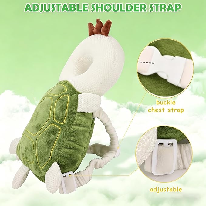 Baby Head Protector Backpack, Toddler Baby Head Protection Backpack with Baby Knee Pads Alarm Function for Walking & Crawling, Soft, Breathable and Wearing Safety Baby Head Protector- Green Turtle