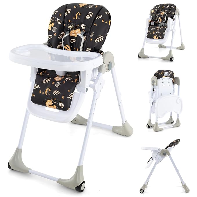 HONEY JOY Baby High Chair, Foldable Highchair for Babies and Toddlers, Adjustable Heights, Recline Backrest & Footrest, Detachable Tray & PU Seat, Portable Highchairs with Wheels (Leaf Black)