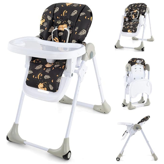 HONEY JOY Baby High Chair, Foldable Highchair for Babies and Toddlers, Adjustable Heights, Recline Backrest & Footrest, Detachable Tray & PU Seat, Portable Highchairs with Wheels (Leaf Black)