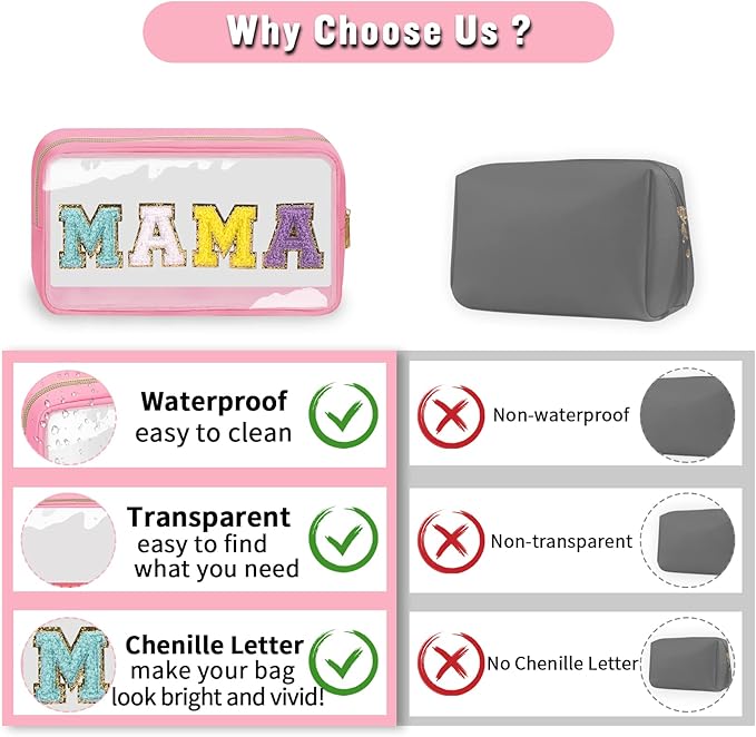 izuzta 2 Pcs Chenille Letter Clear Makeup Bag Mama Baby Pouch, Hospital Duffle Pink Diaper Organizing Pouches with Zipper, Travel Toiletry Nylon Cosmetic for Women(MAMA+BABY)