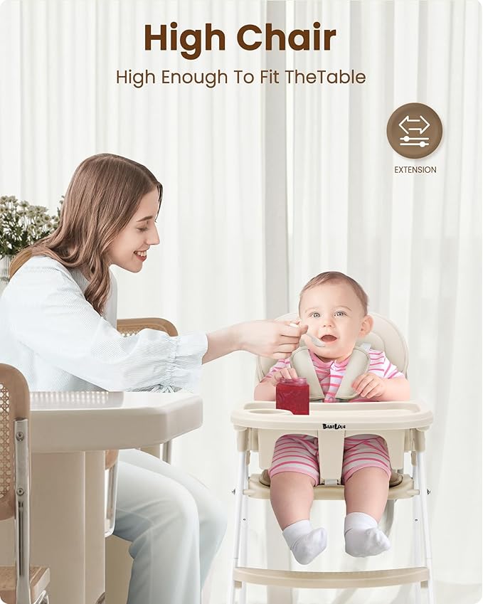 Foldable High Chair for Infants & Toddlers, Adjustable 3-Position Dishwasher-Safe Tray, 5-Point Safety Harness, Space-Saving Design for Dining & Mealtime, Beige