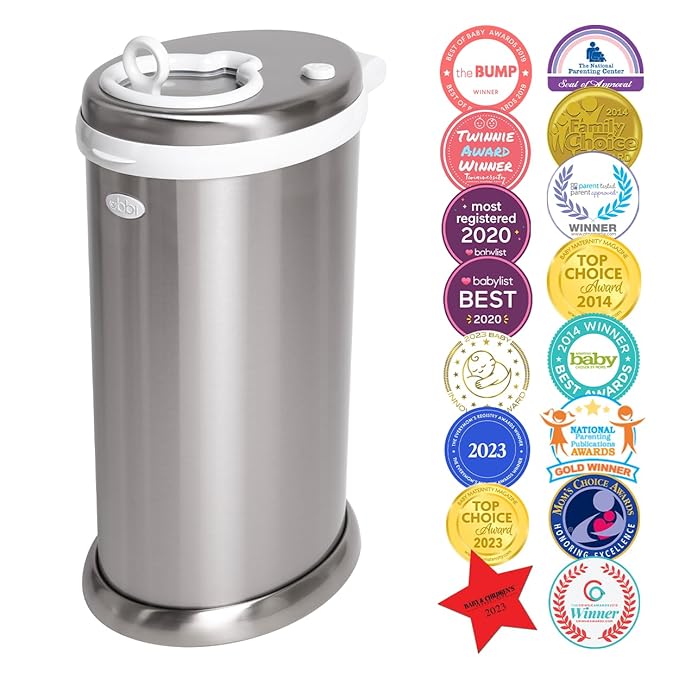 Ubbi Steel Diaper Pail, Odor Locking, No Special Bag Required & On The Go Gray Bag Dispenser with Lavender Scented Refills Baby Bundle