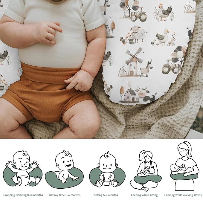 Boho Farm Animals Baby Nursing Pillow Covers for Boy Girl Lamb Cow Chicken Duck Tractor Tree Nursery Slipcovers for Breastfeeding Pillows Spring Farm Life Soft Stretchy Cover for Newborn Infant