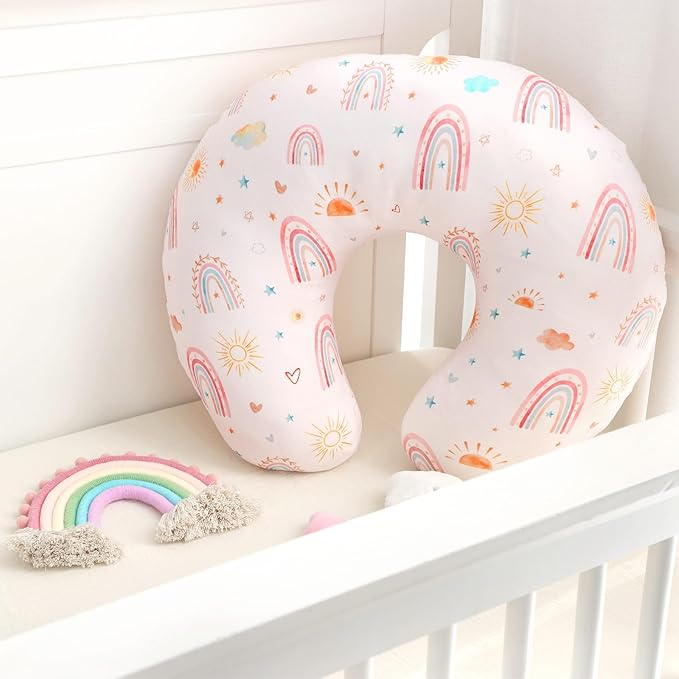 Nursing Pillow Cover 1 Pack, Removable Nursing Pillow Cover for Breastfeeding Pillows, Super Soft Comfortable Slipcover for Boy and Girls, Pink & Sunshine Rainbow