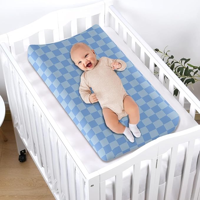 Blue Checkered Changing Pad Cover for Baby Girls Boys Cartoon Breathable Diaper Change Table Sheet Soft Stretchy Cute Change Table Mat Cover Fit 32x16