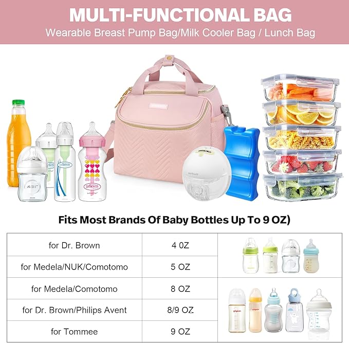 Wearable Breast Pump Bag,Breastmilk Cooler Travel Bag Compatible with Momcozy/Eufy/Elvie/Willow/Medela Breast Pump with Ice Pack and Water Resistent Mat for 6 Baby Bottles Up to 9 Ounce,Pink