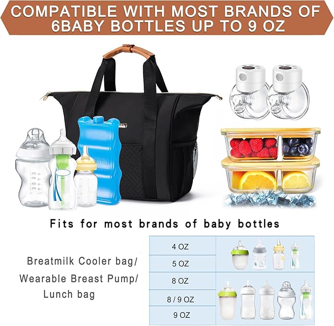 Breastmilk Cooler Bag with Ice Pack Fits 6 Baby Bottles up to 9 Ounce, Wearable Breast Pumps Cooler Bag for Nursing Mom Daycare, Work, Travel(Black)