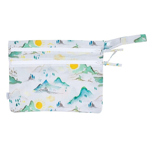 BapronBaby Mountain Mist Wet Dry Bag - Waterproof Two Zipper Pockets - Reusable for Mealtime, Diapers, Stroller, Snacks, Swimsuits - Machine Washable - 11" x 9"