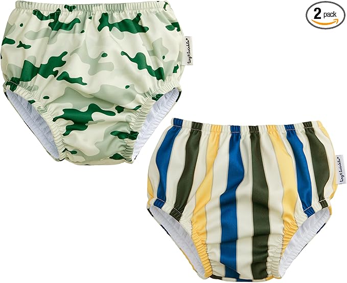 Tiny Twinkle Pull-Up Reusable Swim Diapers 2-Pack | Waterproof and UPF 50+ Sun Protection | Lightweight and Absorbent | Machine Washable(Camouflage,Retro Stripe,0-6M