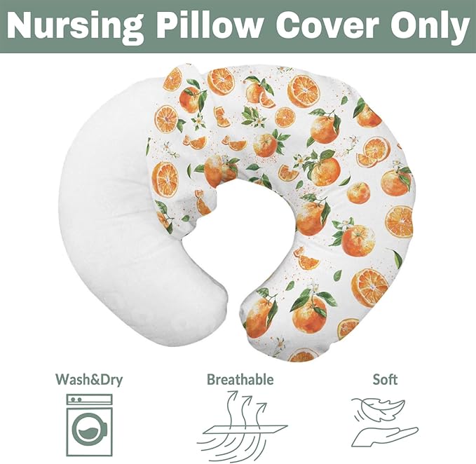 Watercolor Oranges Baby Nursing Pillow Covers for Boy Girl Orange Branches Flowers Leaves Nursery Slipcovers for Breastfeeding Pillows Summer Citrus Fruits Soft Stretchy Covers for Newborn Infant