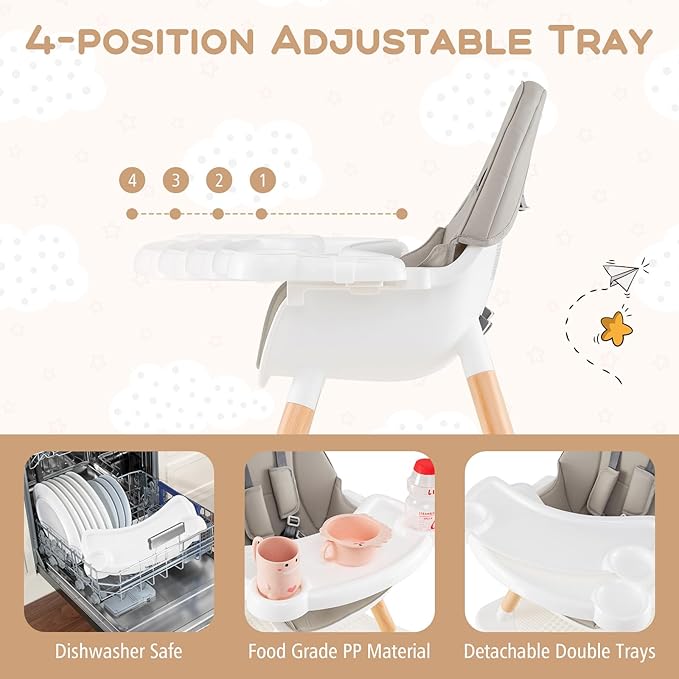 HONEY JOY Baby High Chair, 6-in-1 Convertible Wooden Highchair for Babies and Toddlers/Table Set/Toddler Chair with Safety Harness, 4-Position Removable Feeding Tray (Gray)