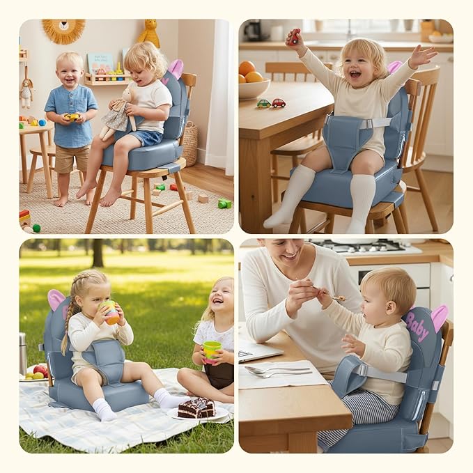 Booster Seat for Dining Table, Toddler Booster Seat for Dining Table, Kids Boys Girls Portable PU Waterproof Travel Baby Boosters Increasing Cushion with Backrest and Adjustable Strap (Gray, OneSize)
