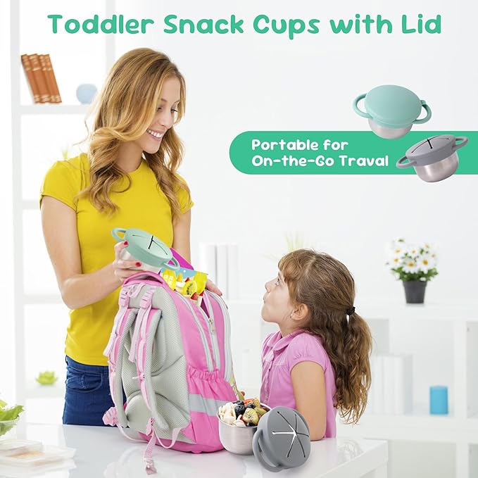 Bufilea 1 Pack Snack Containers for Toddlers, Stainless Steel Toddler Snack Cups with Silicone Food Catcher & Lids,Snack Cups for toddlers Spill Proof