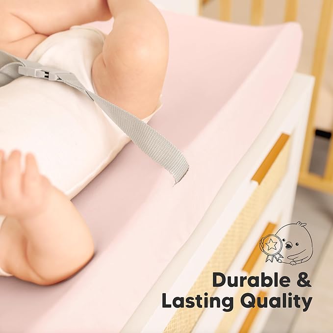 2-Pack Baby Changing Pad Cover for Girl, Boy - 34x18 Soft Viscose Derived from Bamboo Baby Diaper Changing Table Pad Cover Sheets, Neutral, Snug Fit Nursery Diaper Change Sheets (Mist Rose)